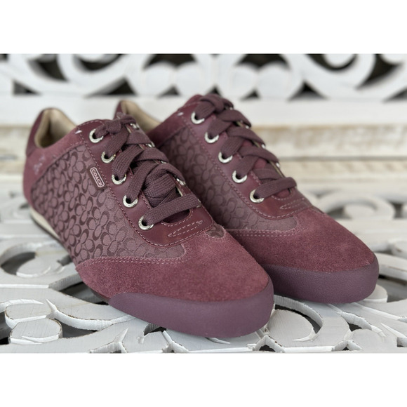 Coach Mauve Signature Print Suede Leather Canvas Woman’s Sneakers Size 7.5M - Picture 1 of 8